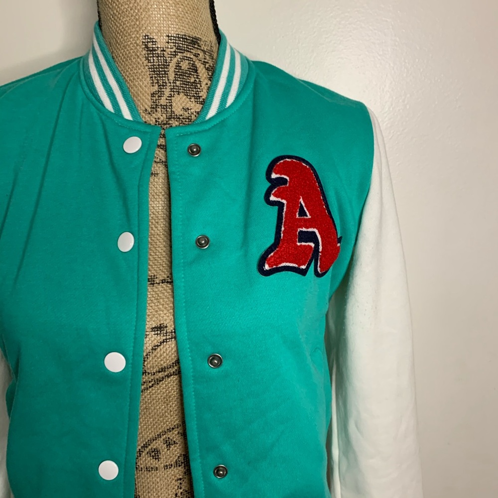 Iris Basic Teal White Baseball Button Up Jacket - image 2